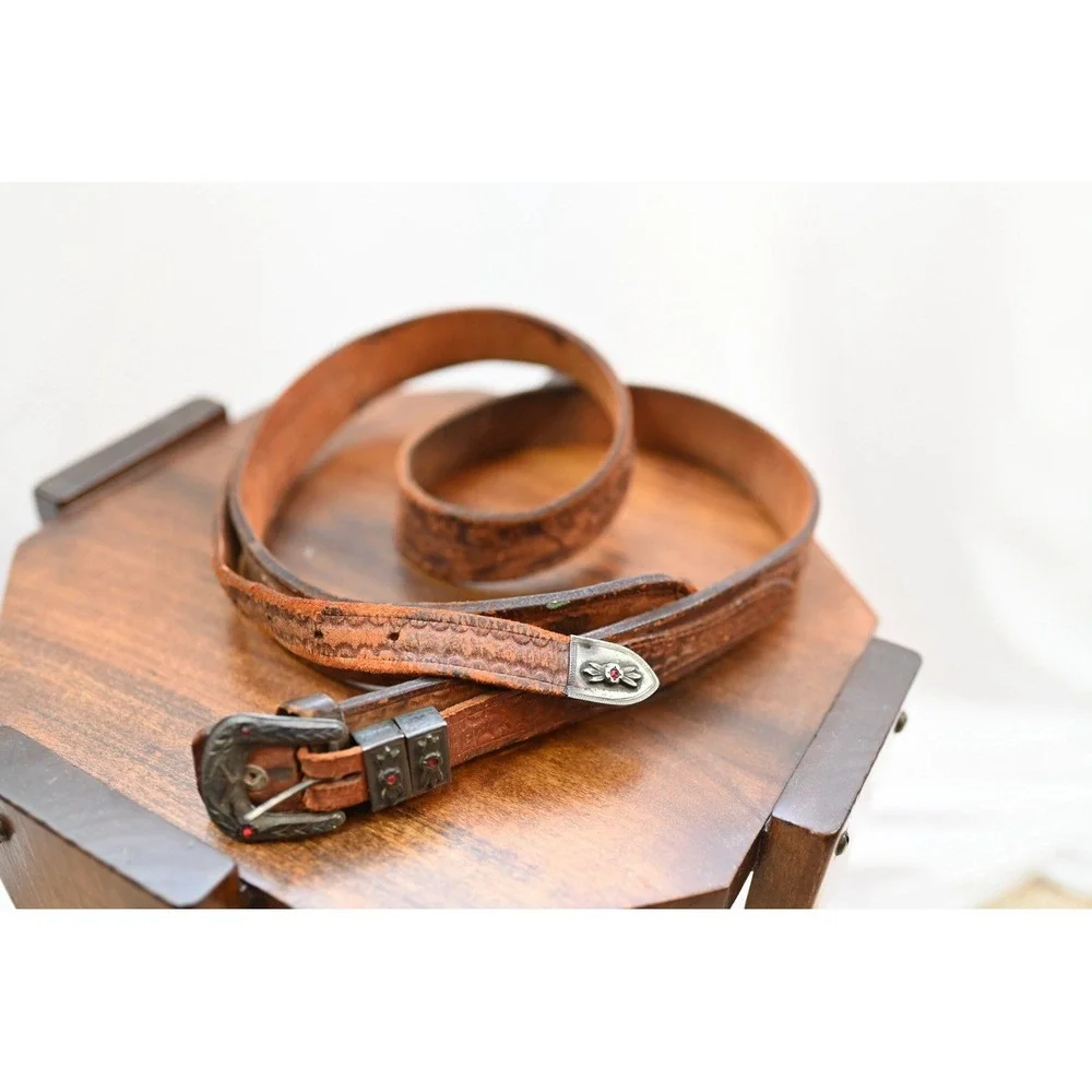 Vintage Western Sterling Silver Leather Belt Brown Floral Embossed Boho USA
